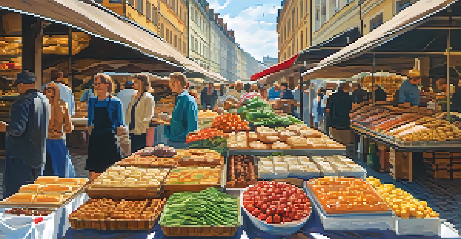 A lively food market in Krakow, Poland, displaying a variety of traditional Eastern European foods.