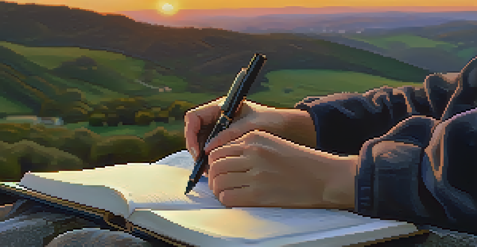 A close-up of hands writing in a journal on a rock, with rolling hills and a sunset in the background, conveying reflection and intention.
