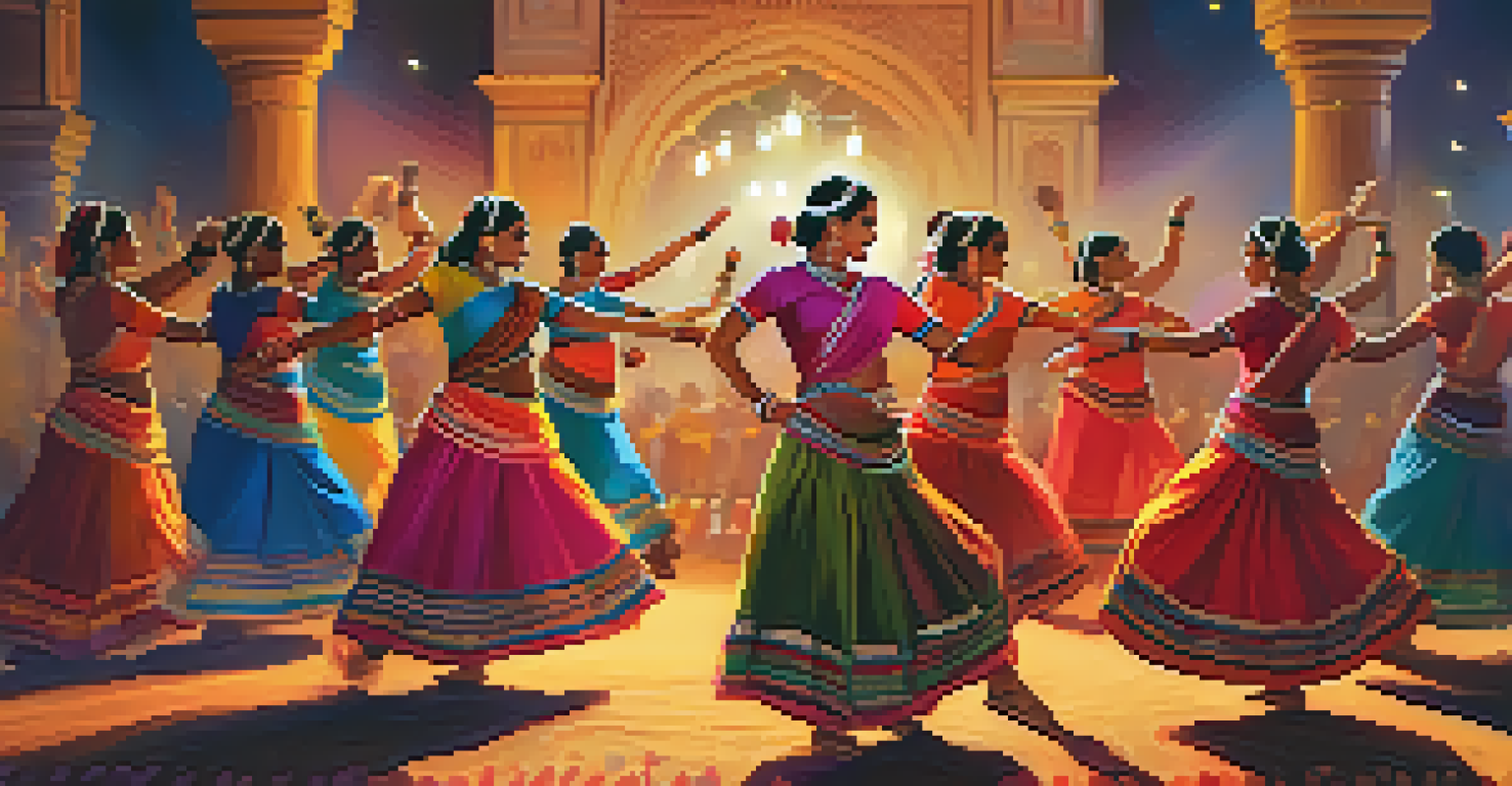 Dancers performing Garba during Navratri, showcasing colorful costumes and lively energy in a festive setting.