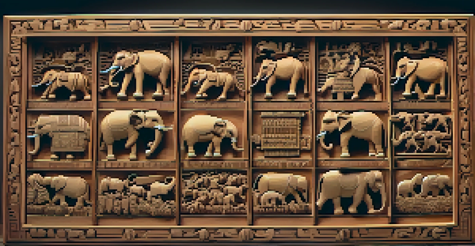 A wooden Chaturanga board with detailed pieces set on an 8x8 grid, illuminated by soft lighting.
