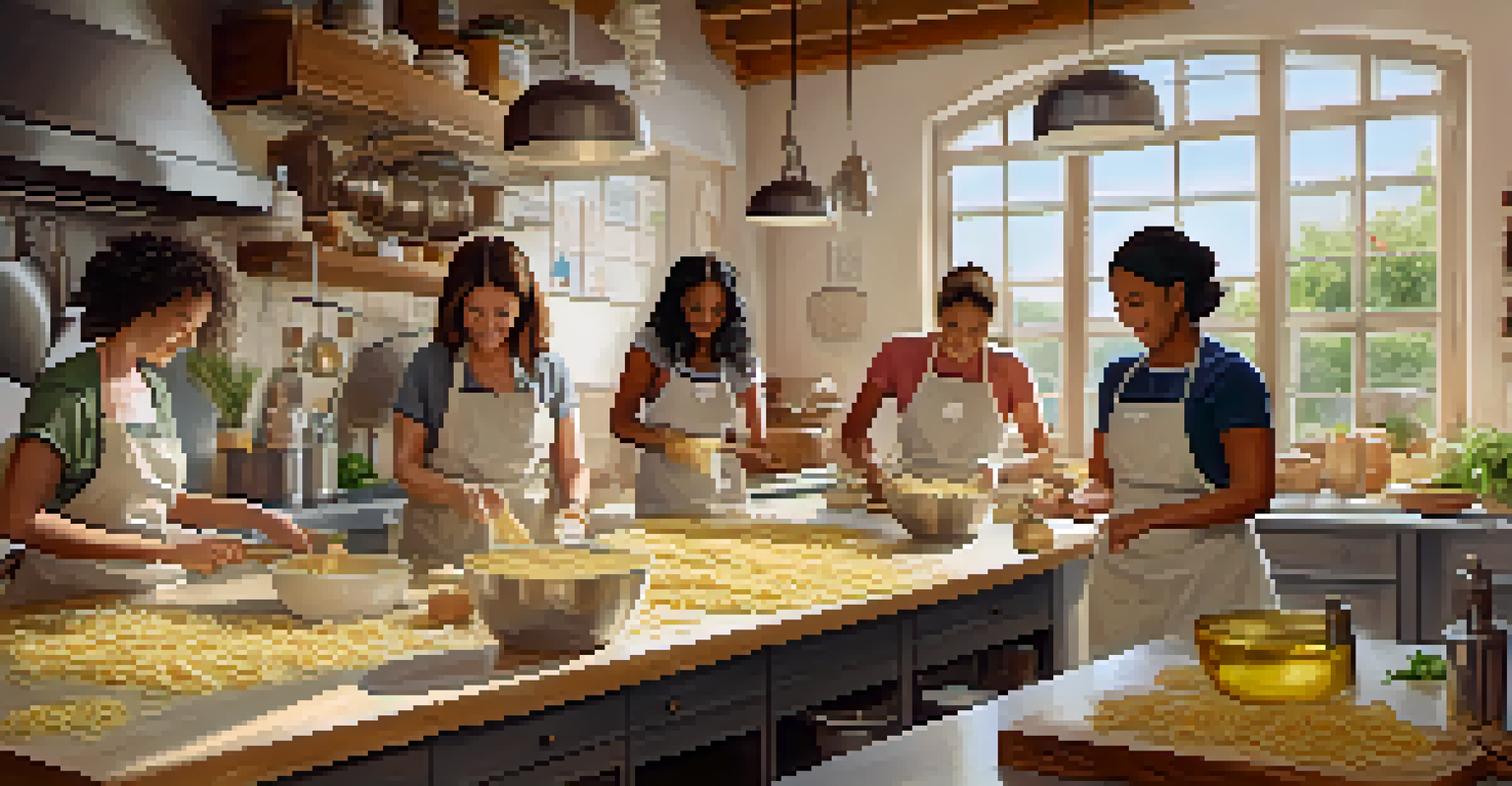 A cooking class in a sunlit kitchen with participants learning to make fresh pasta, surrounded by ingredients and a joyful atmosphere.