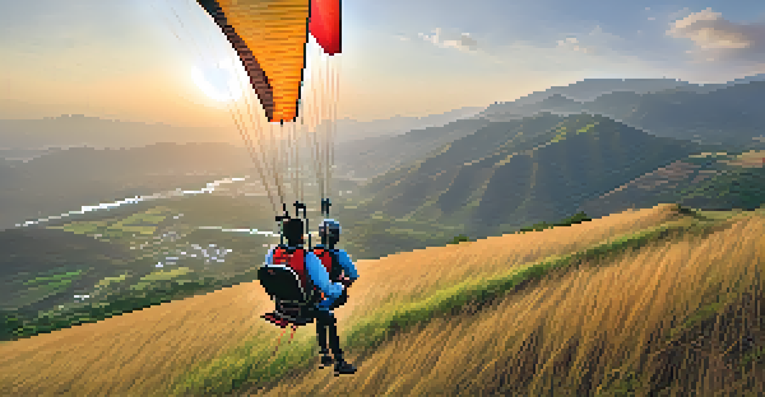 An instructor guiding a beginner in tandem paragliding with a sunset backdrop over the Kamshet landscape.