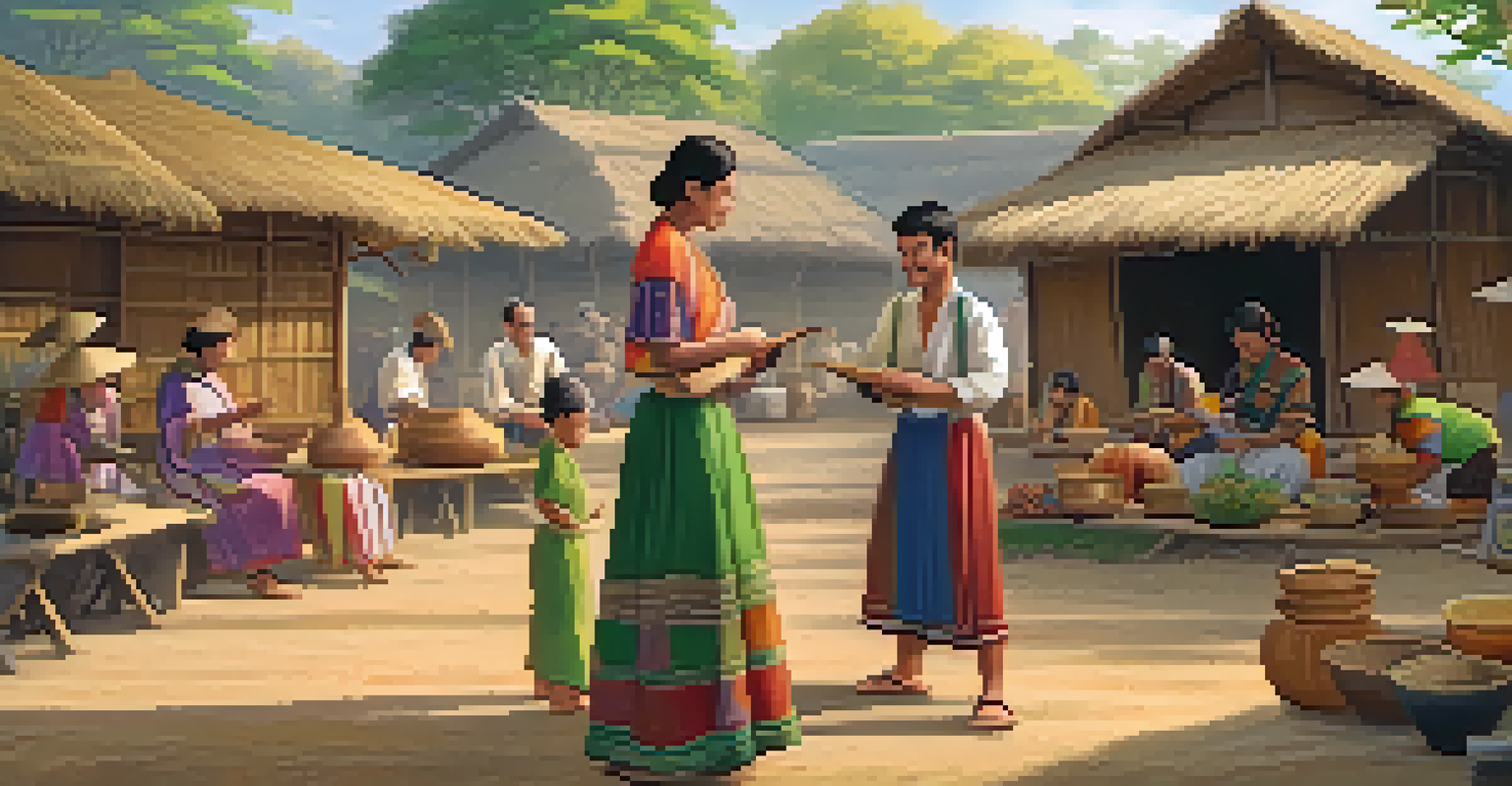 A peaceful rural cultural exchange event with artisans demonstrating crafts and visitors enjoying hands-on activities.