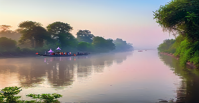 A picturesque view of the Narmada River at dawn with pilgrims walking along the bank and ancient temples in the distance.