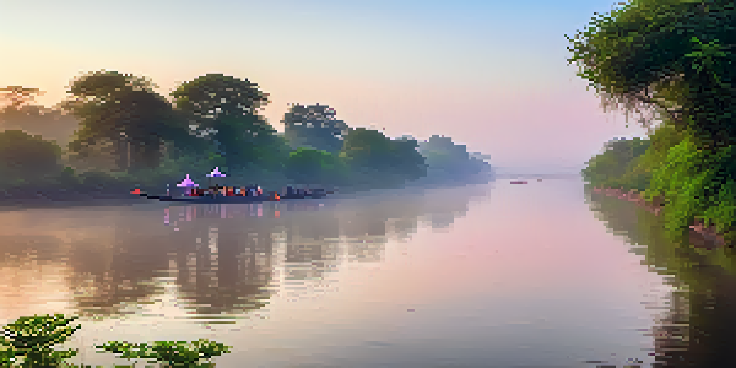 A picturesque view of the Narmada River at dawn with pilgrims walking along the bank and ancient temples in the distance.