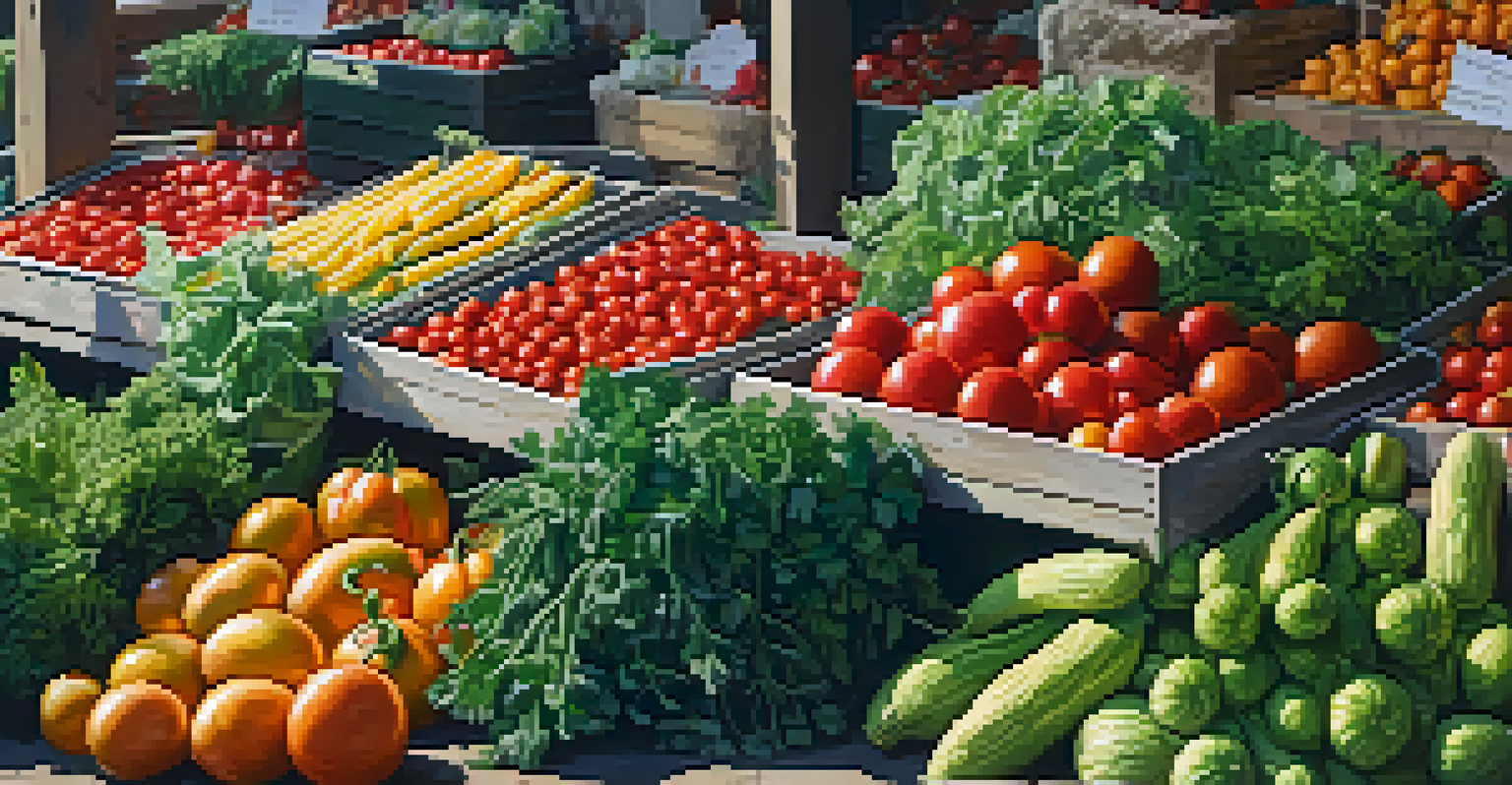 A bright farmer's market stall showcasing seasonal vegetables and herbs under a sunny sky, highlighting the beauty of fresh produce.