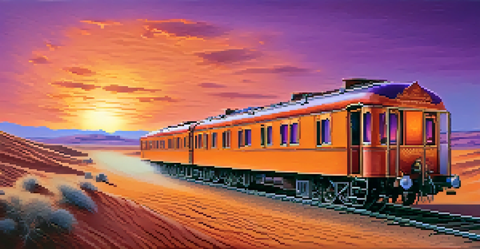 A luxurious train traveling through the golden deserts of Rajasthan at sunset, with distant forts and vibrant sky colors.