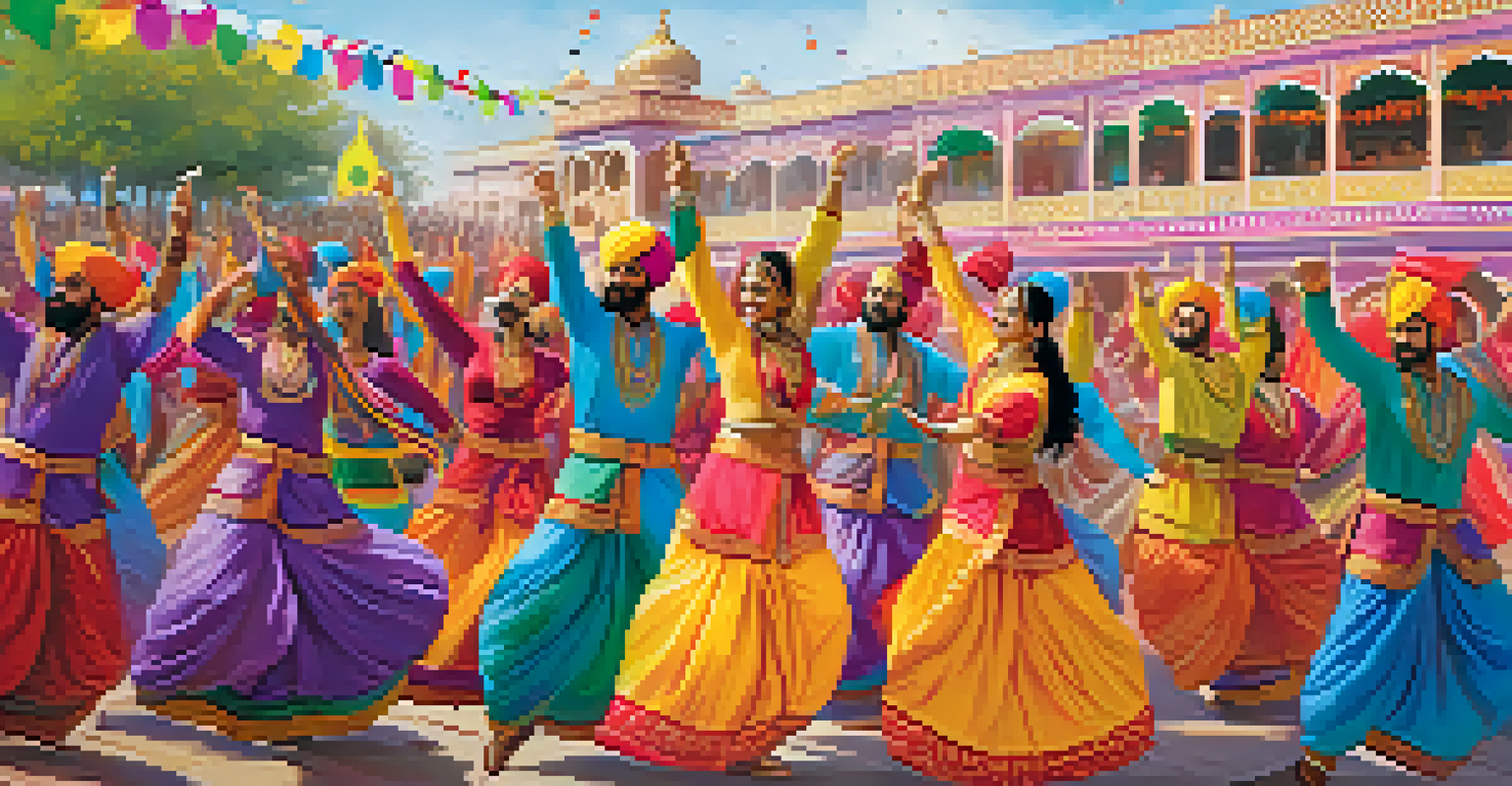 A lively Bhangra dance performance with dancers in colorful attire, showcasing joy and energy during a festival.