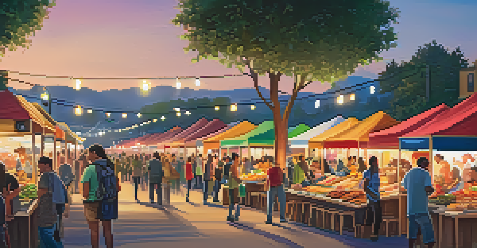 A busy street with food vendors at an art festival, featuring colorful food trucks and people enjoying their meals under string lights.