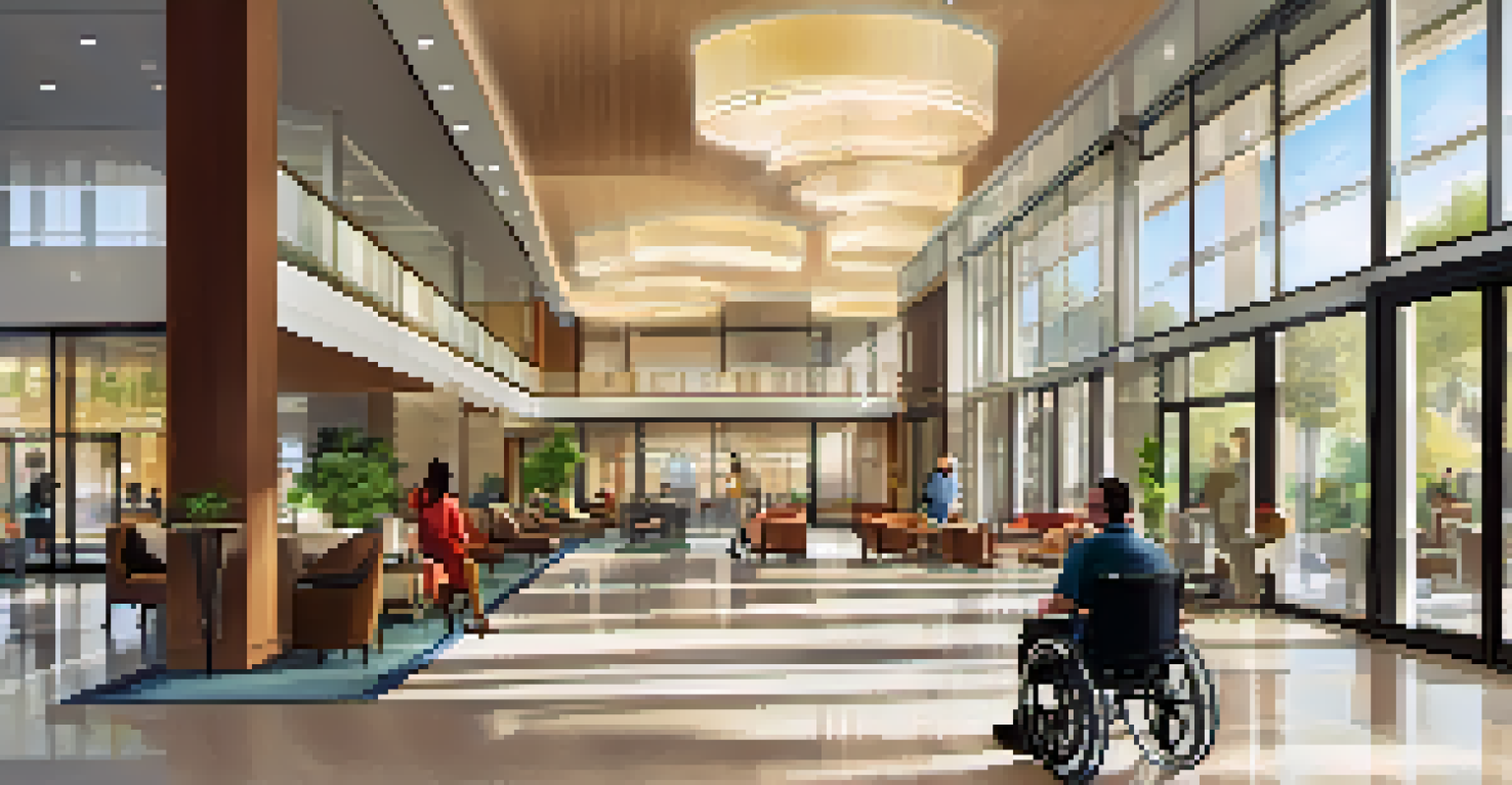 A modern hotel lobby designed for accessibility with wide pathways, seating areas, and a staff member assisting a guest in a wheelchair.