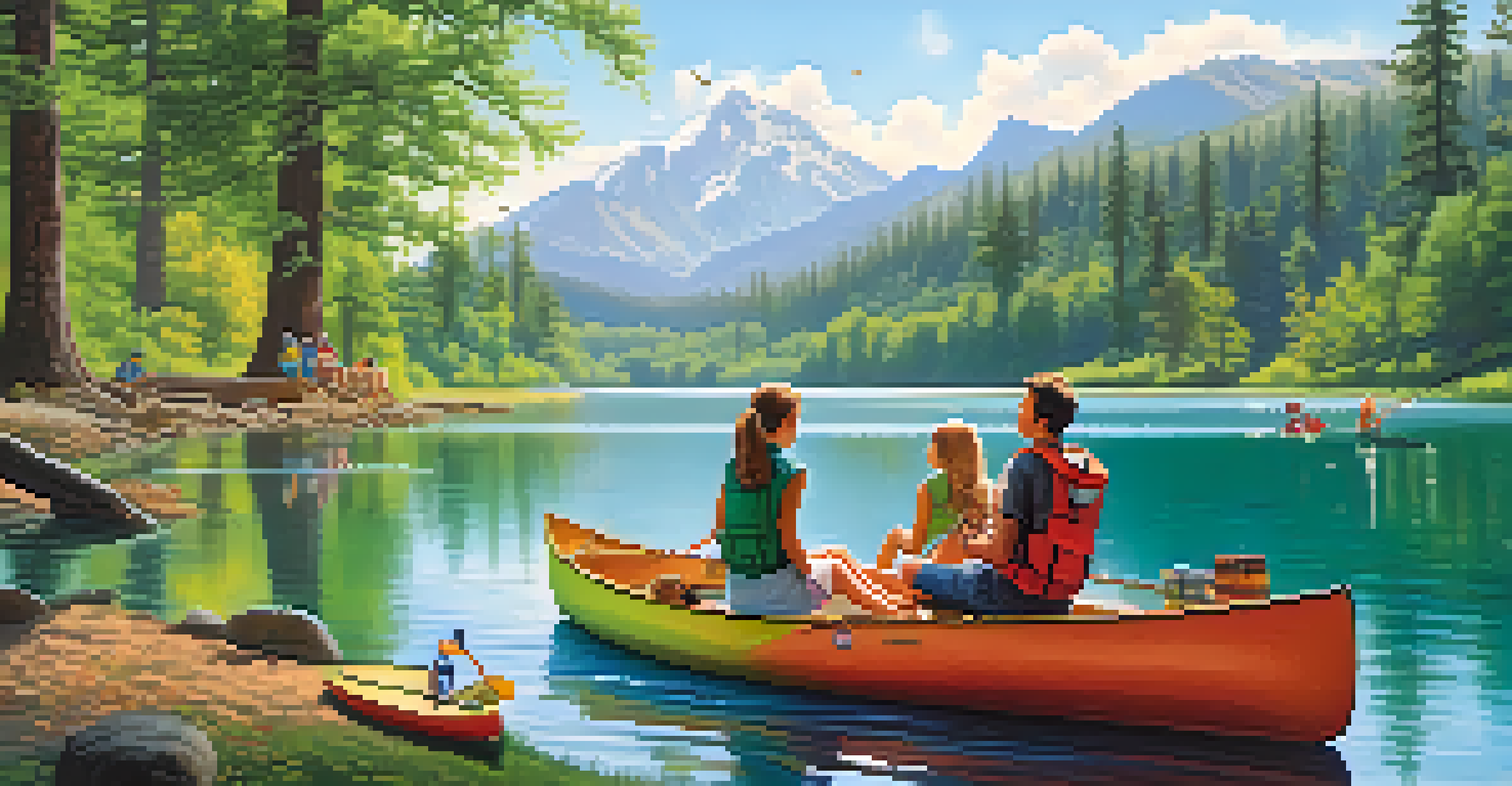 A family having fun by a lake with activities like canoeing and fishing.