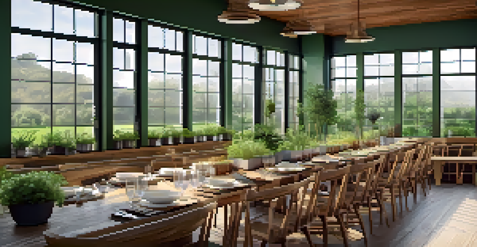A dining area in a green hotel with a wooden table filled with organic dishes and natural light coming through large windows.