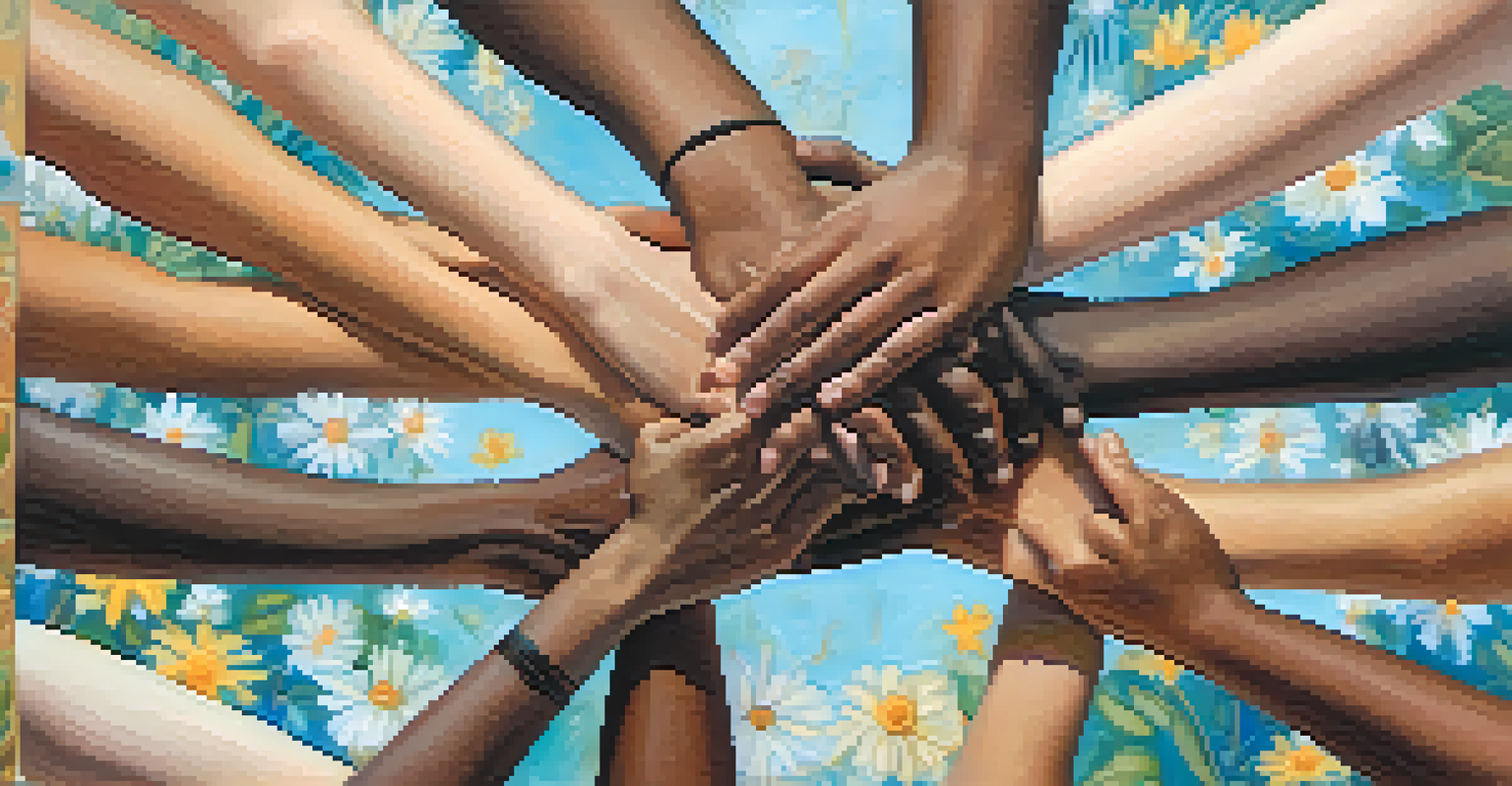 A close-up of diverse hands coming together in a circle, symbolizing community and support at a wellness festival.