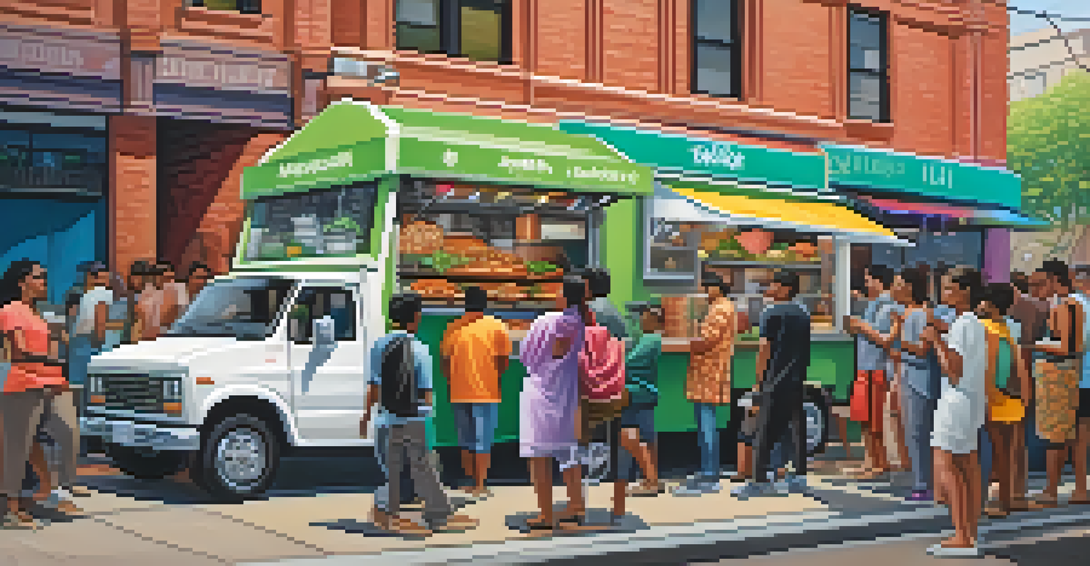 A food truck serving fusion pav bhaji with chipotle mayo in a lively urban street food scene.
