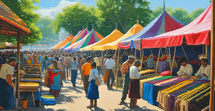 An outdoor art festival featuring traditional artisans demonstrating their crafts, surrounded by colorful tents and a diverse crowd.