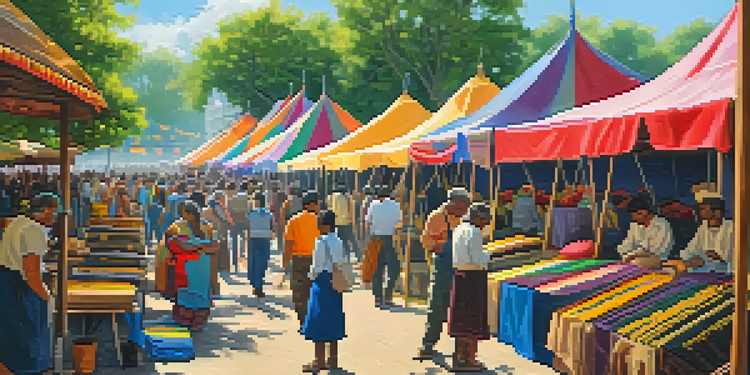 An outdoor art festival featuring traditional artisans demonstrating their crafts, surrounded by colorful tents and a diverse crowd.