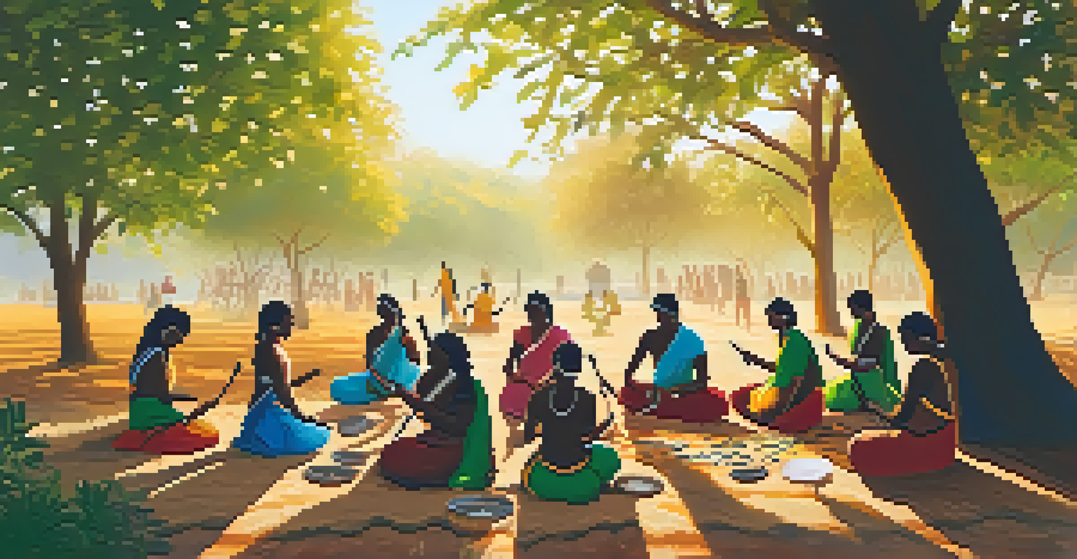 Participants in a Warli painting workshop outdoors, painting on a large canvas under a tree, with vibrant colors and a natural backdrop.