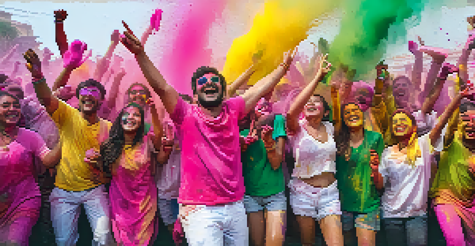 People celebrating Holi by throwing colored powders in the air, with joyful expressions.