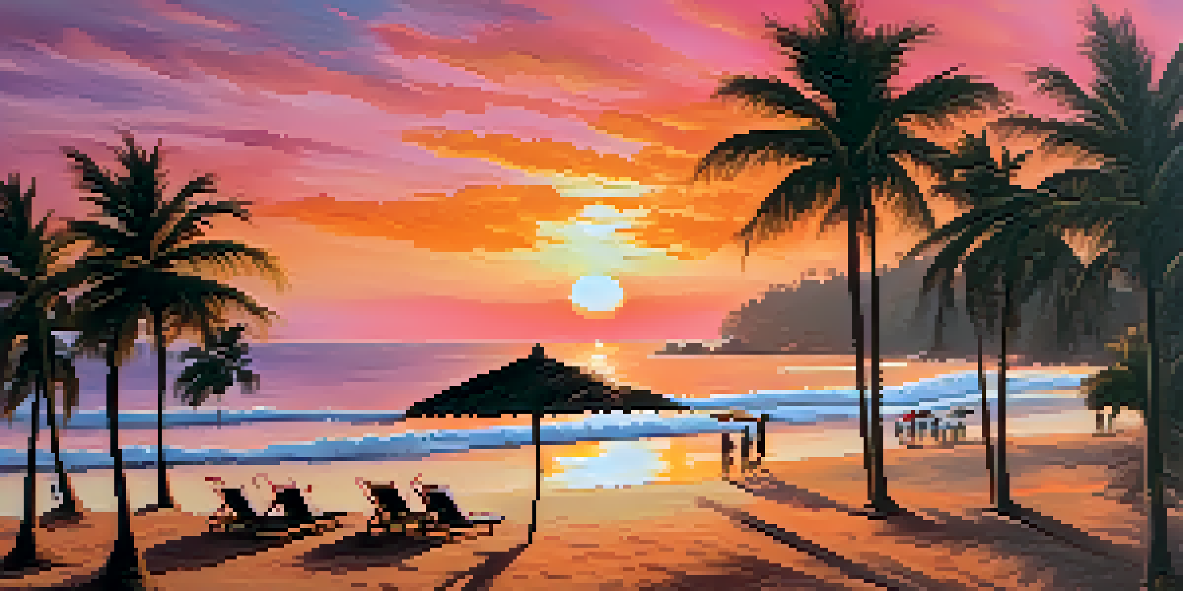 A beautiful sunset at a beach in Goa with palm trees and people relaxing on sun loungers.