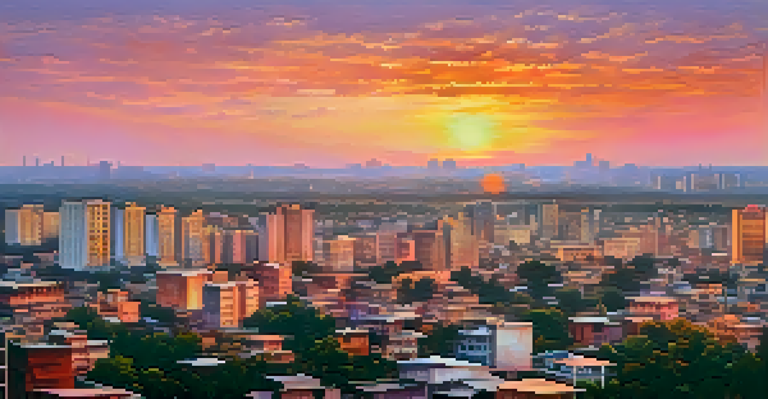 A sunset view of Nagpur's skyline featuring modern skyscrapers and historical architecture, with an orange and pink sky.