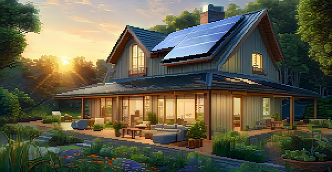 A charming eco-friendly bed-and-breakfast surrounded by greenery, featuring solar panels and herb gardens, illuminated by sunset.