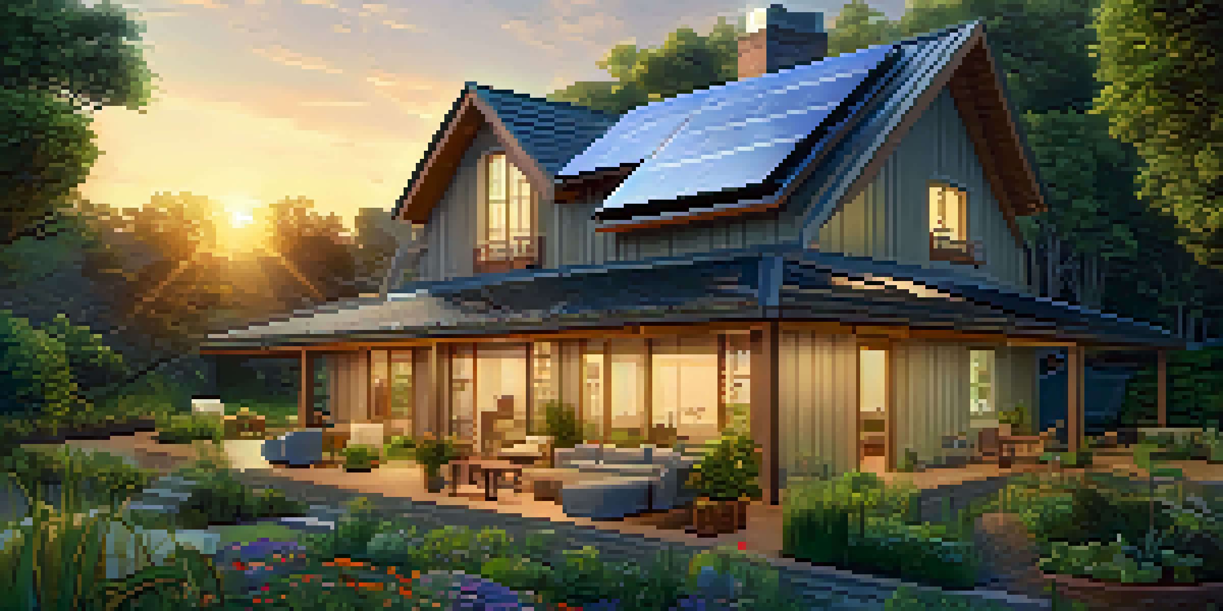 A charming eco-friendly bed-and-breakfast surrounded by greenery, featuring solar panels and herb gardens, illuminated by sunset.