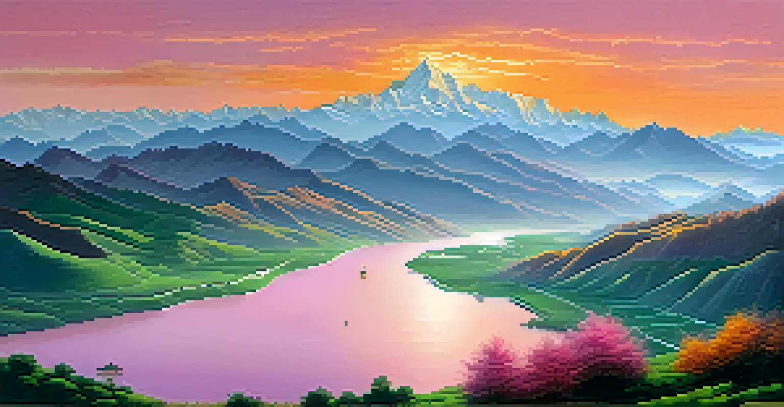 A breathtaking sunrise over the Himalayas, illuminating snow-capped peaks and a green valley with a winding river below.
