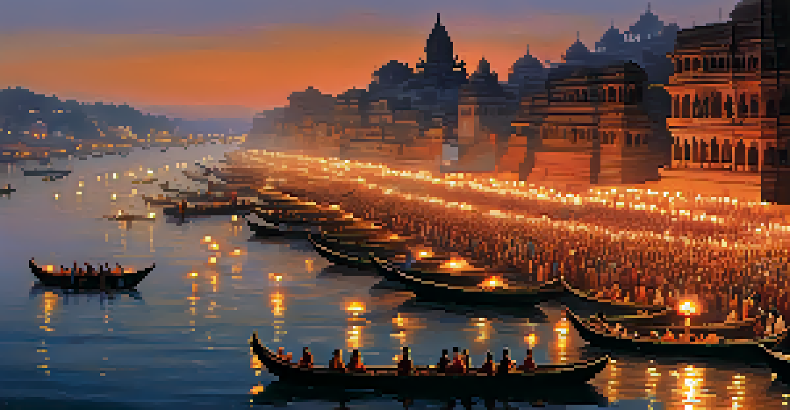 The Ganges River in Varanasi during Diwali, filled with floating diyas and people participating in the Ganga Aarti.