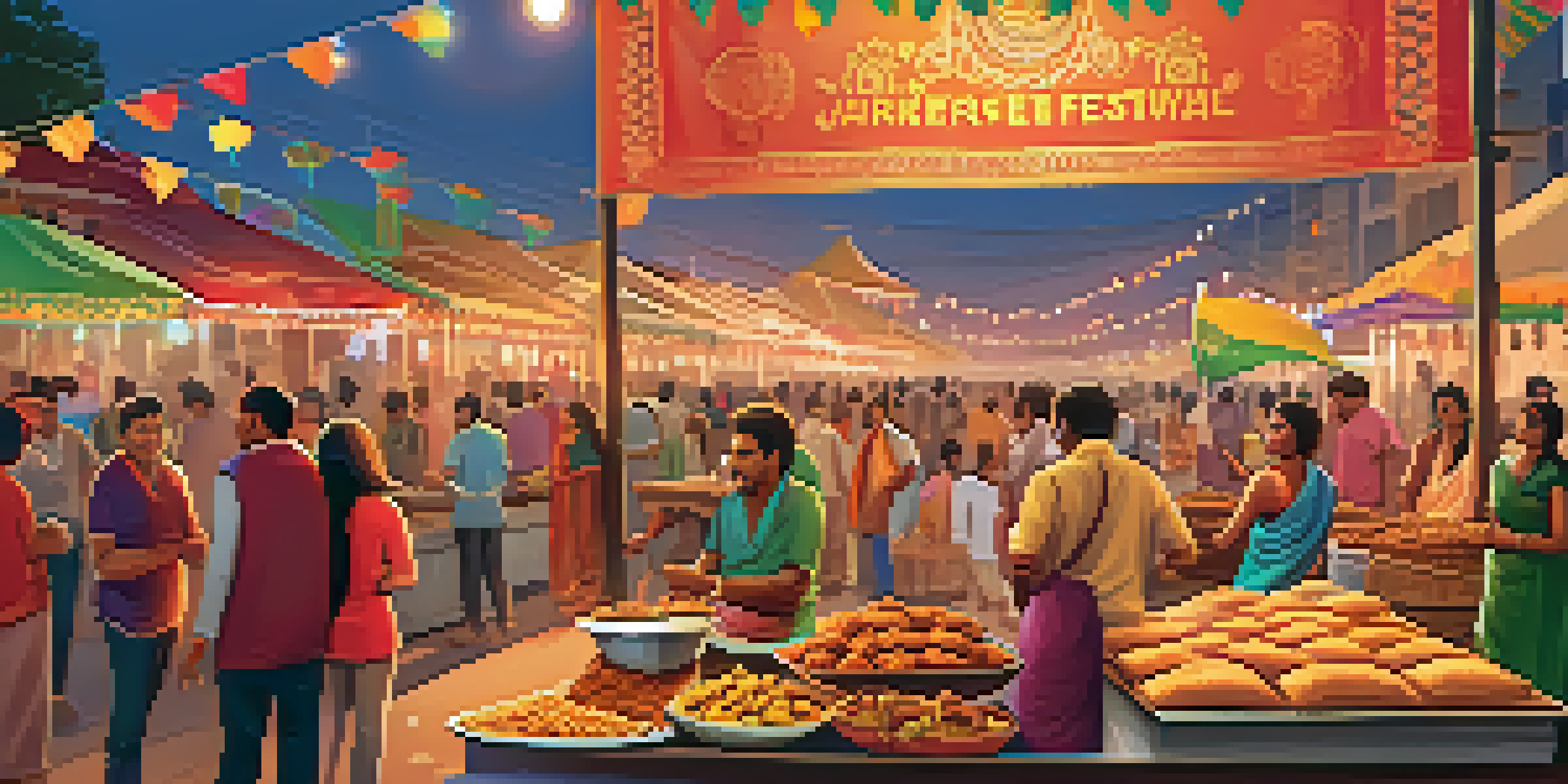 A lively Indian street food festival with colorful stalls, vendors cooking, and happy attendees enjoying various street foods.