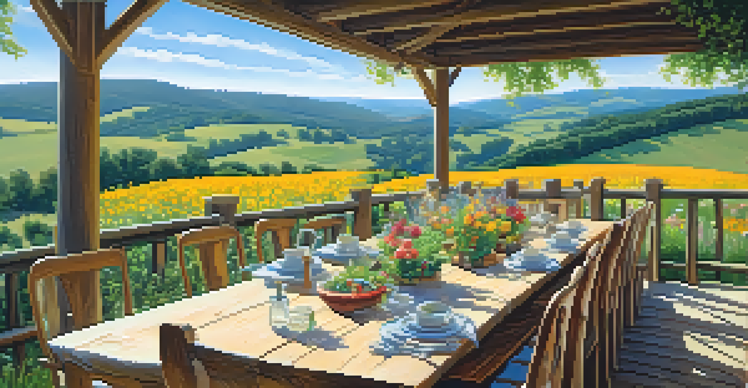 An outdoor dining area at an eco-friendly bed and breakfast with a rustic table set for a meal, surrounded by wildflowers and hills.