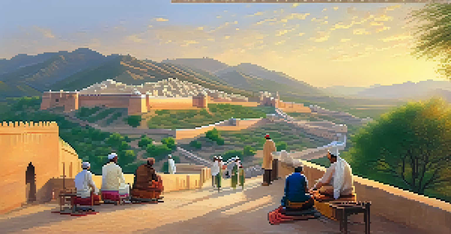 A view of Amer Fort at sunset with glowing sandstone walls, surrounded by greenery, and local artisans restoring traditional crafts in the foreground.