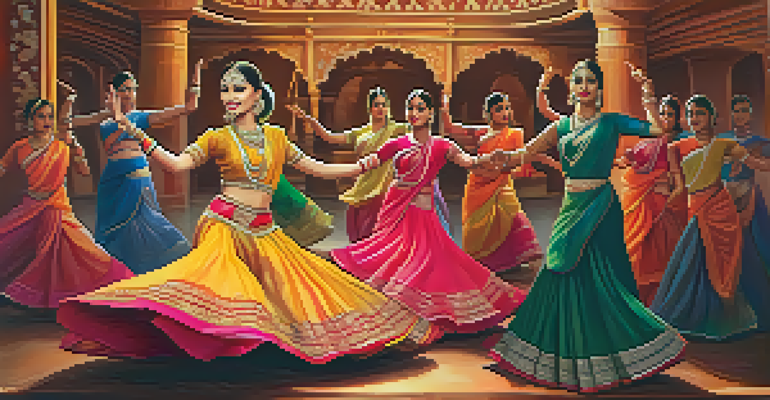 A Kathak dancer in a colorful lehenga, spinning with musicians in a beautifully decorated Indian room.