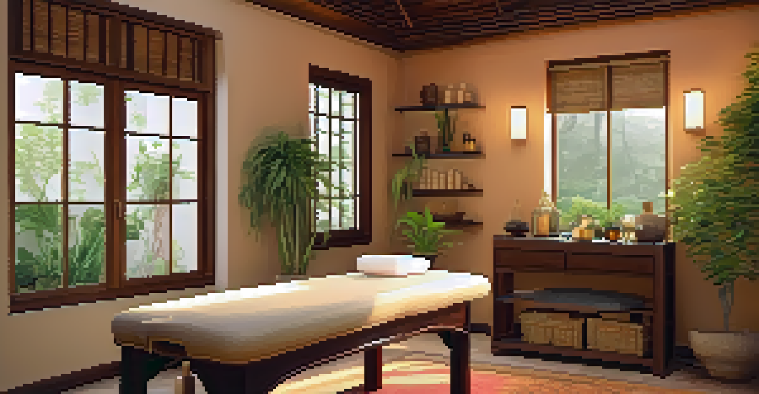 A wellness space with a massage table, herbal remedies, and soft lighting, promoting relaxation.