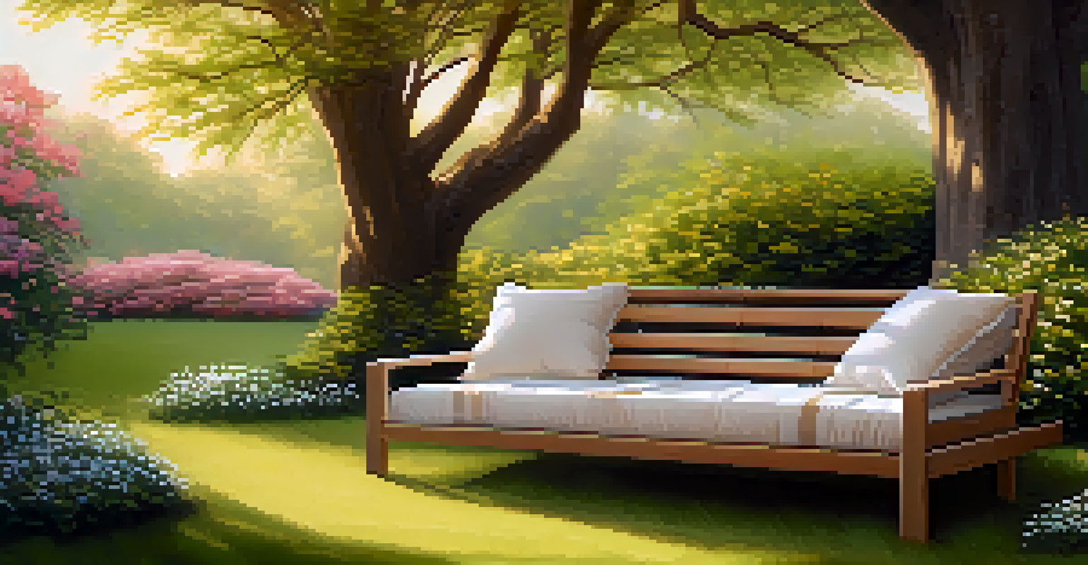 A tranquil garden with cushions arranged for meditation, surrounded by blooming flowers and trees in warm golden light.