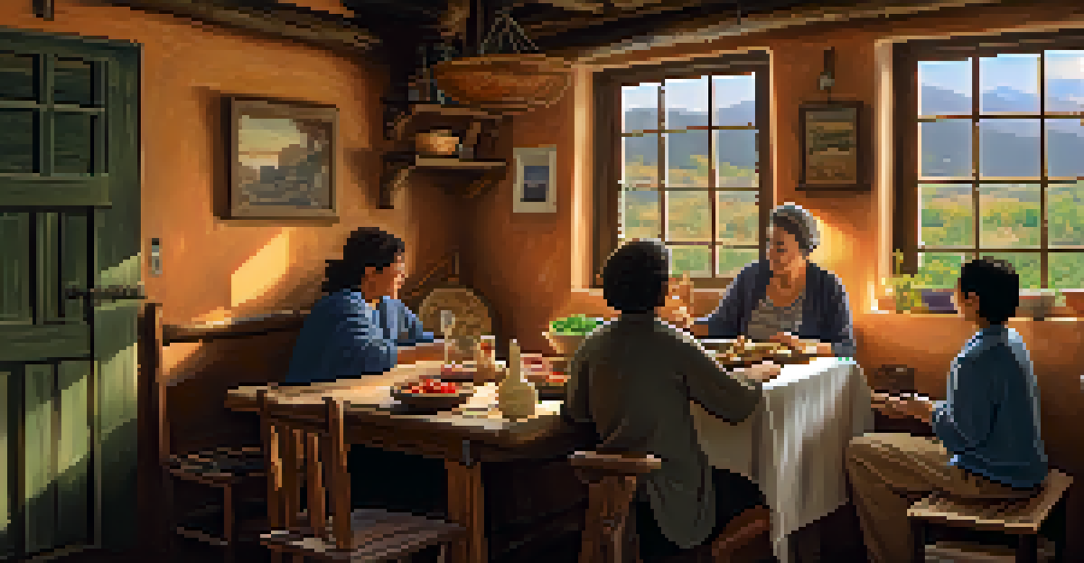 A traveler enjoying a meal with a local family in a rustic kitchen, surrounded by traditional dishes and warm lighting.