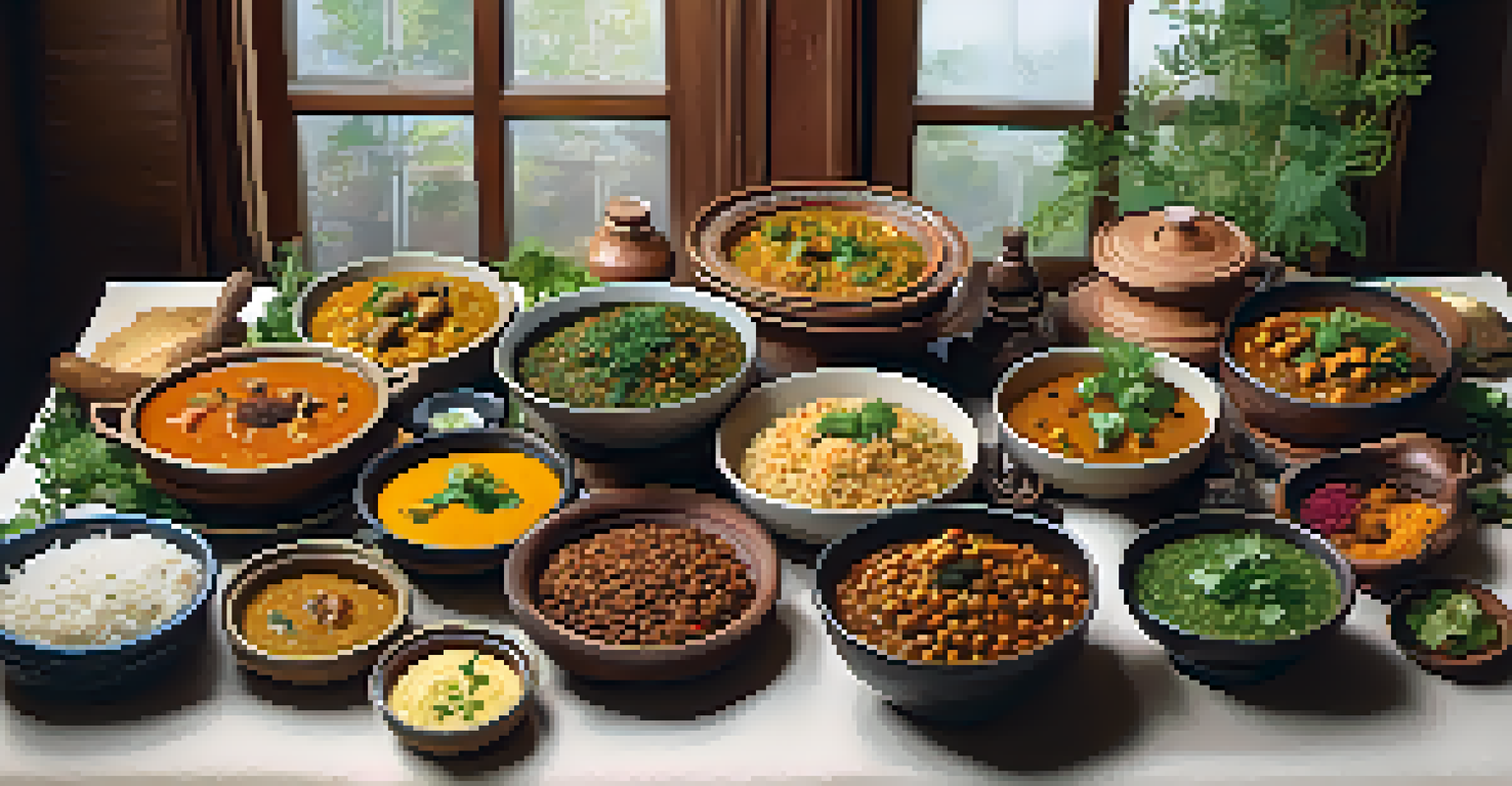 A dining table set with an array of traditional Indian dishes, including curries and lentils, served in earthenware with fresh herbs.
