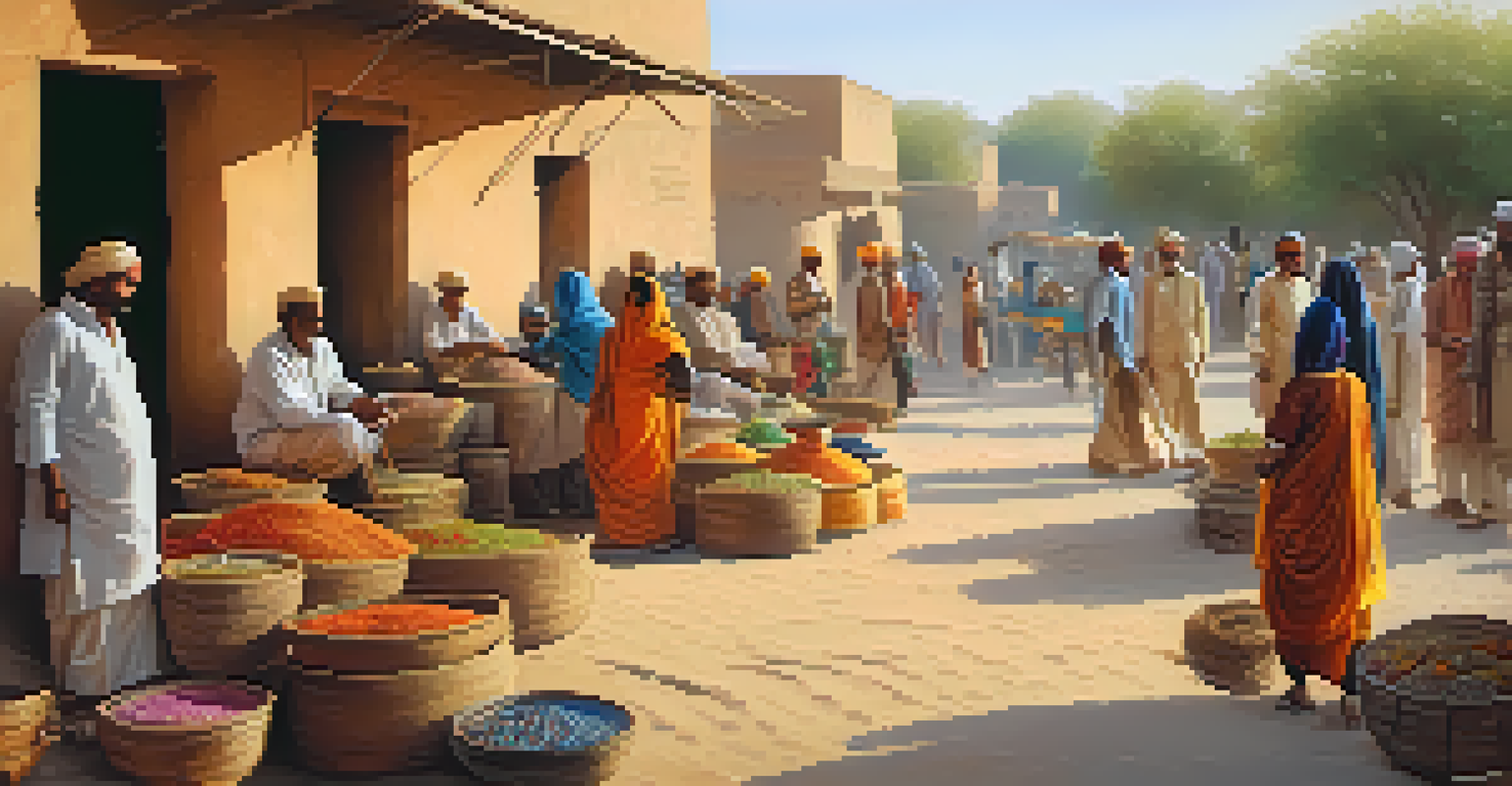 A market scene in Rajasthan with the Bishnoi community, featuring artisans selling crafts and showcasing wildlife conservation to visiting tourists.