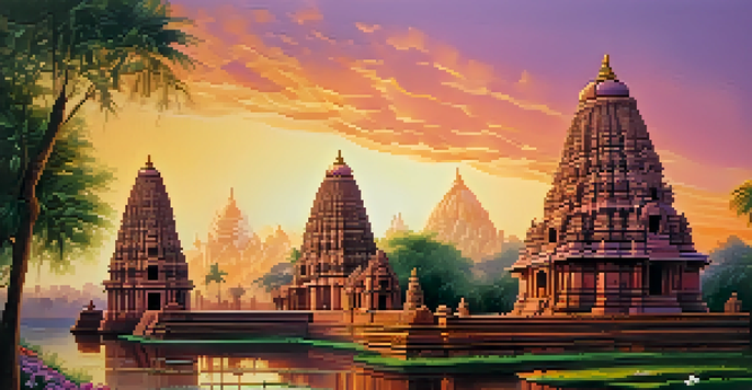 A stunning sunset view of Brihadeeswarar Temple with intricate carvings and lush gardens, highlighting spiritual devotion.