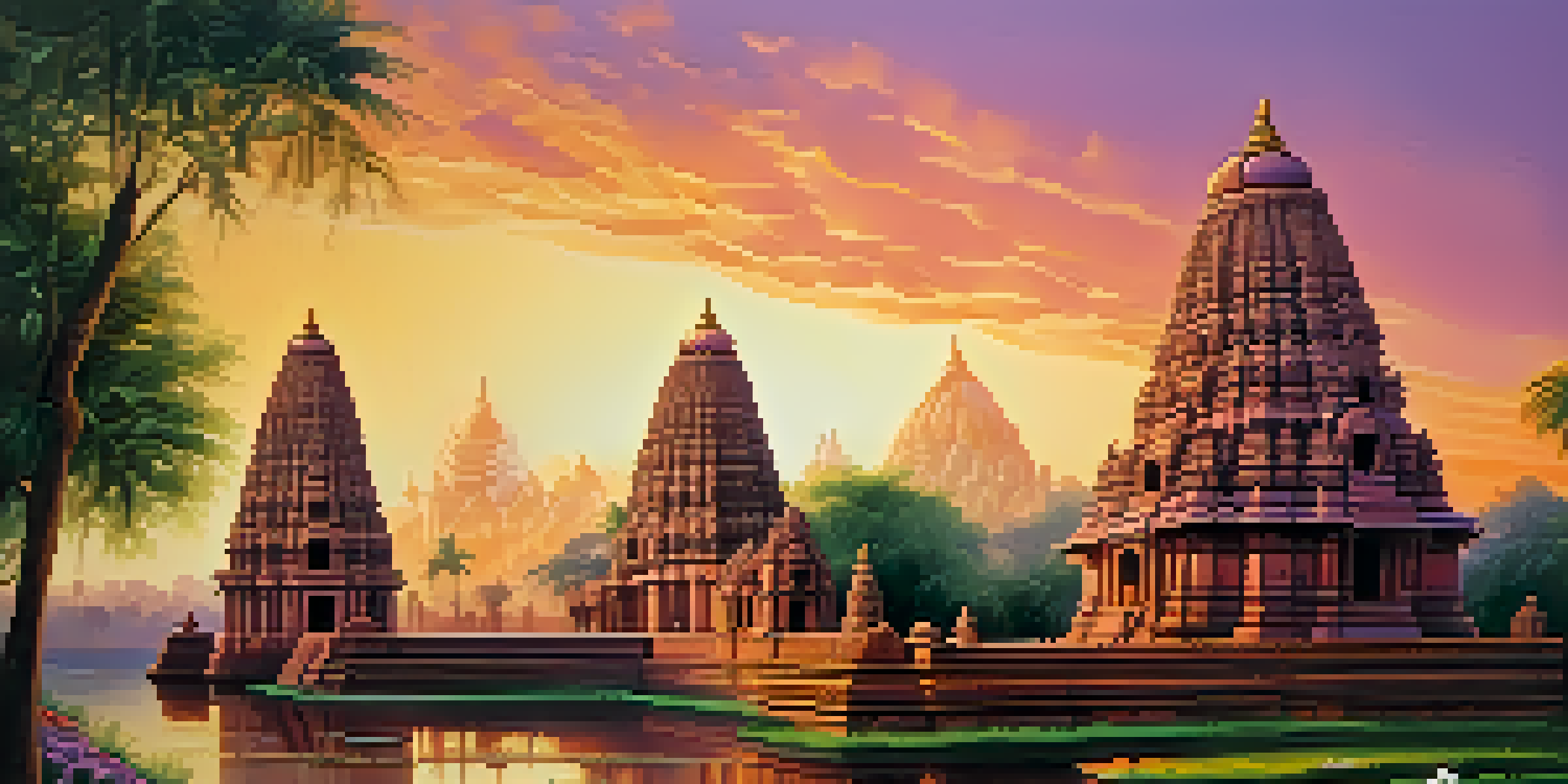 A stunning sunset view of Brihadeeswarar Temple with intricate carvings and lush gardens, highlighting spiritual devotion.