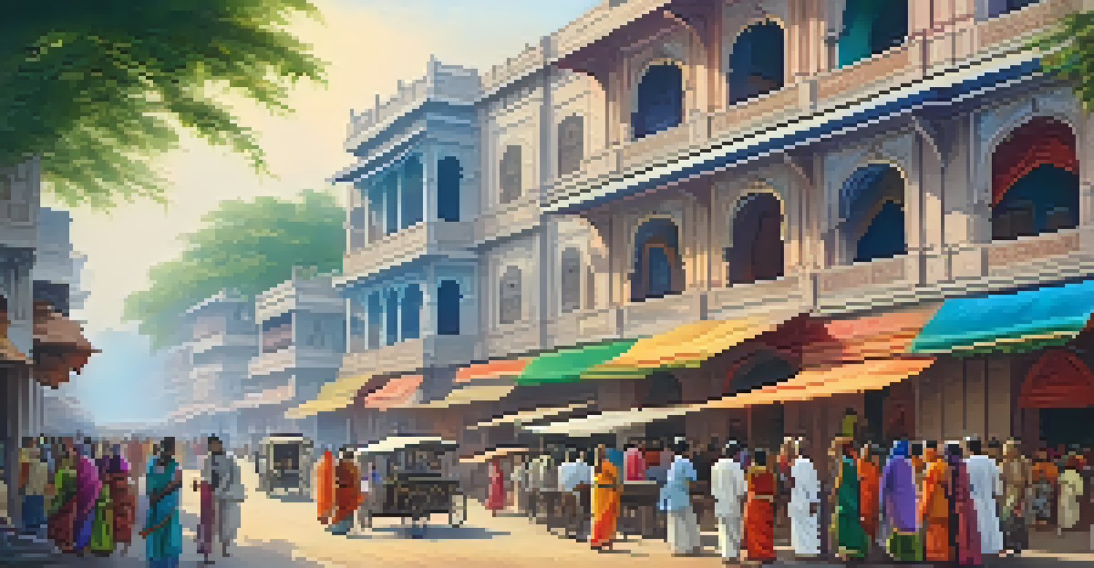 A colonial-era building with local vendors selling handicrafts on a busy street in India.