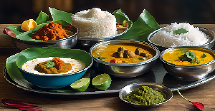 A traditional South Indian thali with an array of colorful curries, rice, and coconut chutneys on a wooden table surrounded by tropical plants.