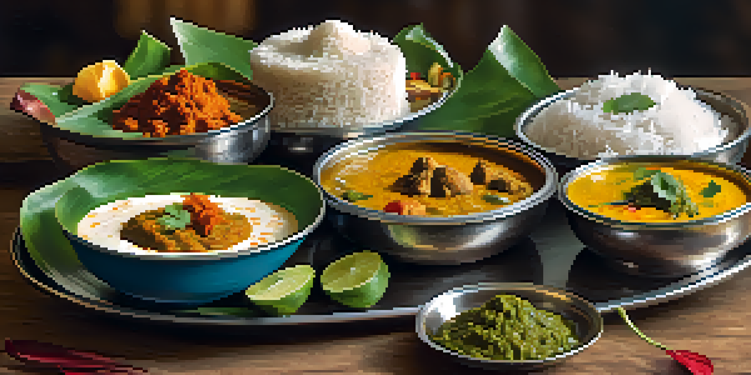 A traditional South Indian thali with an array of colorful curries, rice, and coconut chutneys on a wooden table surrounded by tropical plants.
