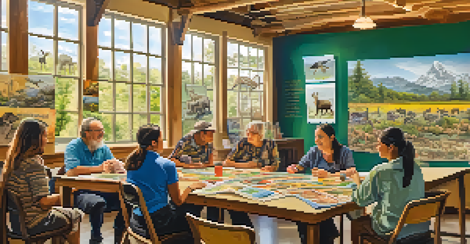 A community workshop on wildlife conservation with local individuals participating, surrounded by colorful posters and warm afternoon light.