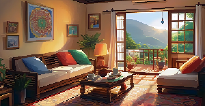 A warm and inviting living room in a homestay, with a wooden coffee table, colorful cushions, and a view of a lush garden outside.