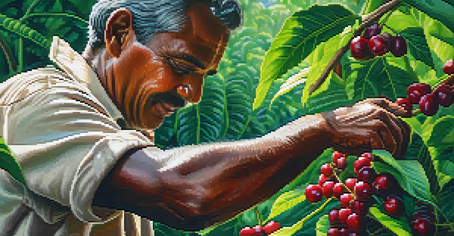 A close-up of a farmer's hands picking ripe coffee cherries in a lush Kerala coffee plantation.