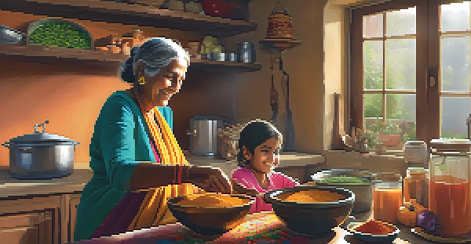 A grandmother teaching her grandchild to cook in a colorful kitchen filled with spices and vegetables, illuminated by warm sunlight.