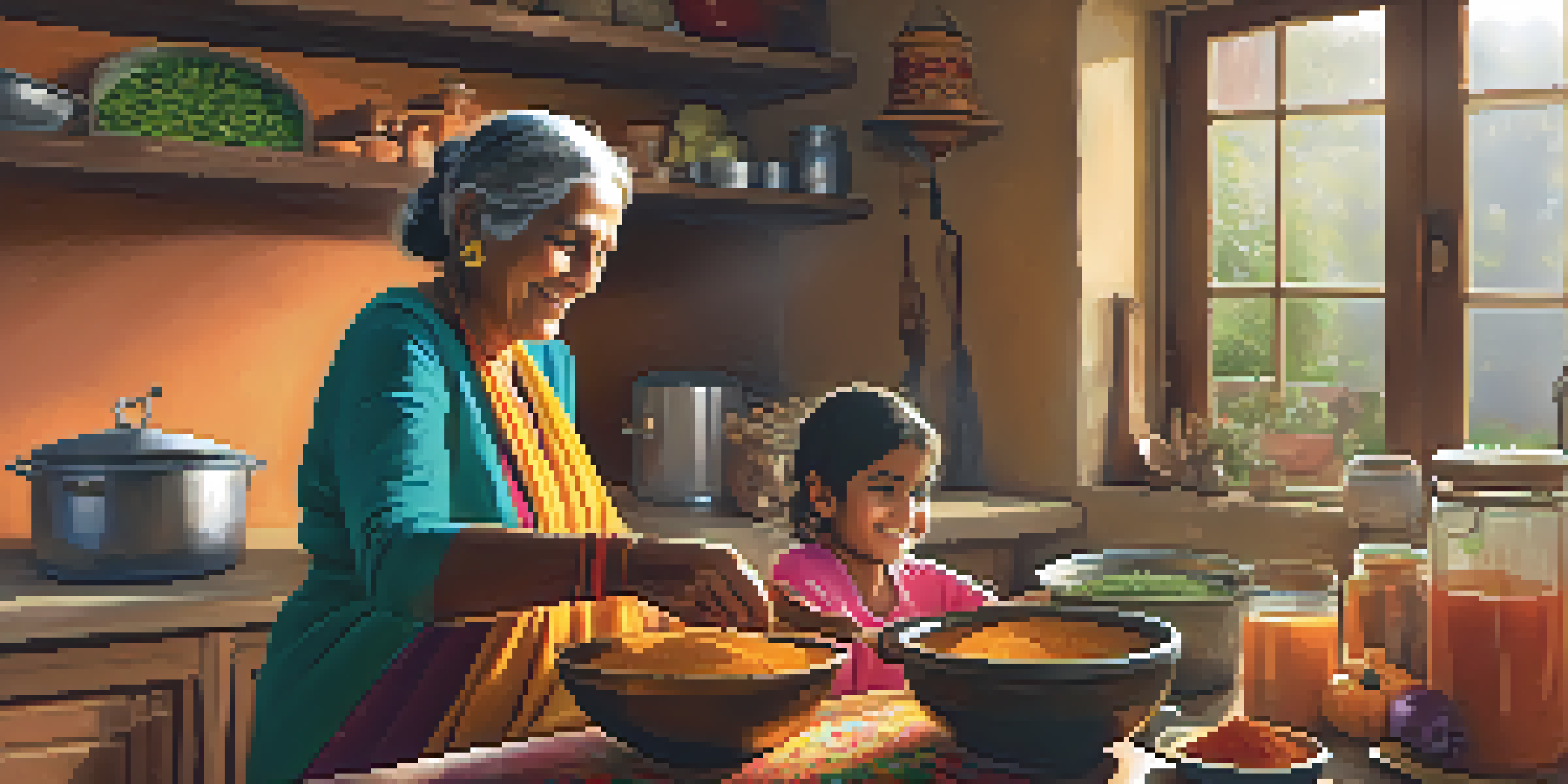 A grandmother teaching her grandchild to cook in a colorful kitchen filled with spices and vegetables, illuminated by warm sunlight.