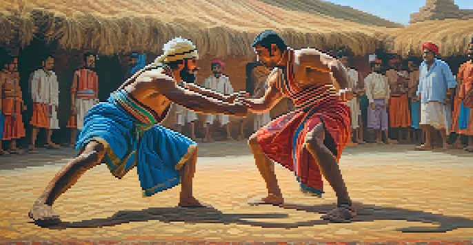 Two traditional Indian wrestlers in colorful attire practicing in a rustic training ground, with murals and hay in the background.