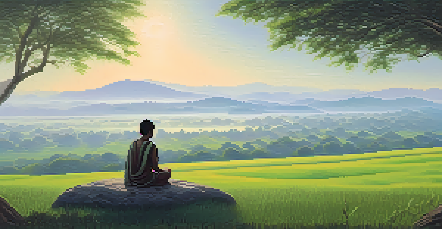 A peaceful landscape of the Kalinga battlefield with ruins, green fields, and a lone traveler reflecting under a tree.