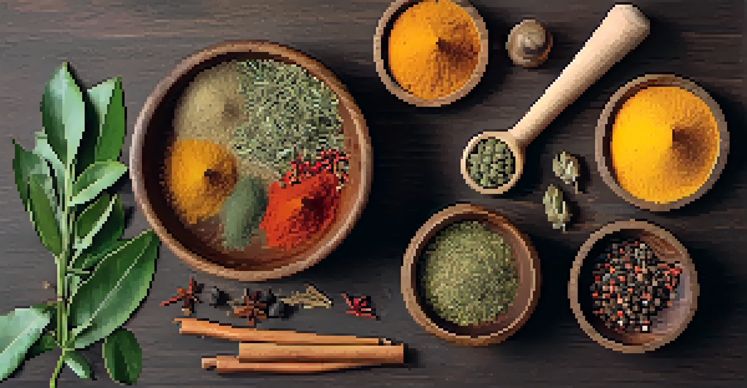 An overhead view of a wooden bowl with a vibrant spice blend and jars of herbs, set in a warm and rustic kitchen environment.